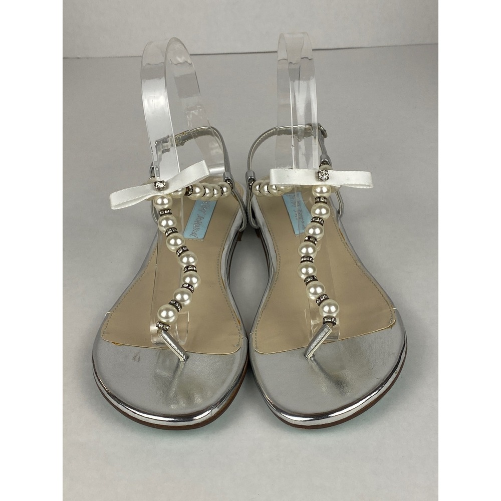 Betsey Johnson SB-PEARL Silver Metallic Pearl Rhinestone Bow Flat Sandals 7.5M